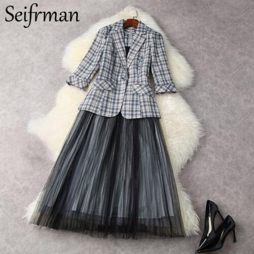 Seifrmann New 2021 Summer Women Fashion Runway Skirt Set Half Sleeve Print Tops+Sexy Cami Mesh Pleated A-Line 2 Two Pieces Suit