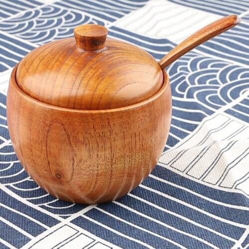 Solid Wood Spice Jar Sugar Bowl Salt Pepper Seasoning Box Japanese Style With Spoon And Lid Kitchen Tool Drop Ship