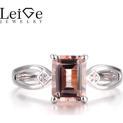 Leige Jewelry Natural Pink Morganite Rings Anniversary Rings Emerald Cut Pink Gemstone 925 Sterling Silver Vintage Rings for Her
