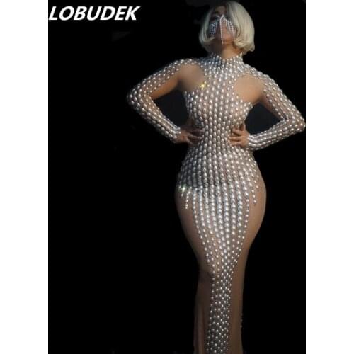 Evening Party Nightclub Concert Show Singer Dancer Pearls Transparent Mesh Long Dress Long Sleeve Stretch Skinny Dresses Female