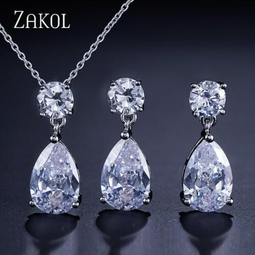 ZAKOL Delicate Water Drop Crystal Jewelry Set With Fashion White Color For Women Anniversary Free Shipping FSSP272