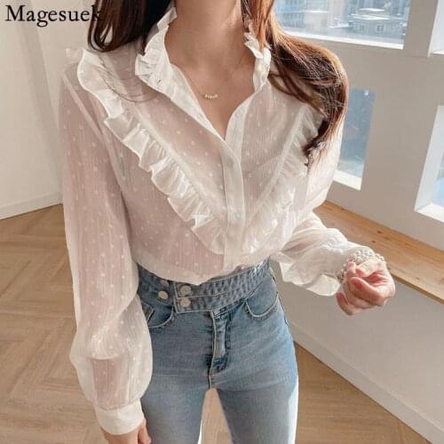 Ruffle Stitching Women Blouse Stand Collar Wavelet Dots Korean Long Sleeve Chiffon Shirt Micro-transparent Loose Clothes 15675