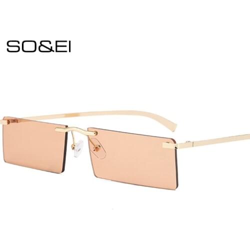 SO&EI Fashion Small Rectangle Sunglasses Women Vintage Rimless Clear Ocean Lens Eyewear Men Blue Yellow Pink Sun Glasses UV400