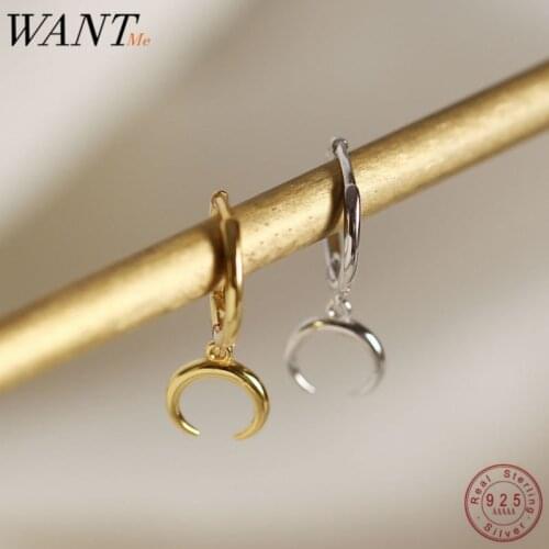 WANTME Real 100% 925 Sterling Silver Geometric Cute Sweet Moon Crescent Stud Earrings for Women Fine Jewelry Accessories Gifts