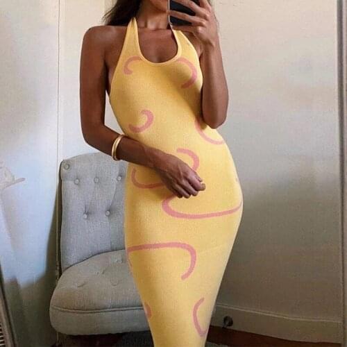 2021 Summer Womens Long Knitted Bodycon Dress Sexy Halter Neck Backless Sleeveless Yellow Beach Wear KWCD12298