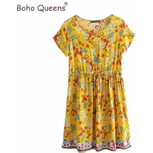 Boho Queens women yellow floral print sashes Bohemian mini dress ladies short sleeve botton rayon cotton dresses vestidos