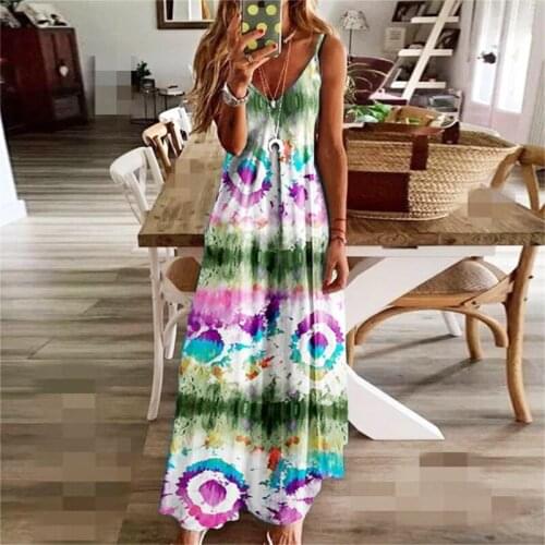 Ankle-Length Beach Holiday Spaghetti Strap Summer Maxi Women Dress V-neck Fashion Print Loose Gentle Ladies Camisole Dresses