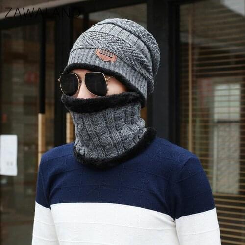 Zawaland 2pcs/Set Knitting Wool Scarf Headgear Winter Warm Beanies Windproof Fleece Cap Outdoor Cycling Half Face Mask Bib Men