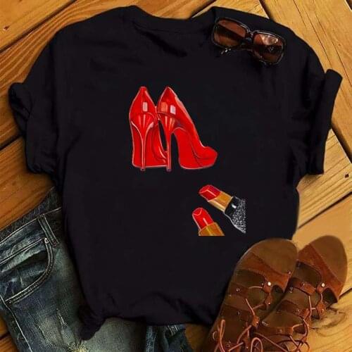 Fashion Women Black T Shirt Red High Heels Shoes and Lipstick Print Vogue T Shirt Harajuku Female Tops Tee 90s Ladies Shirts