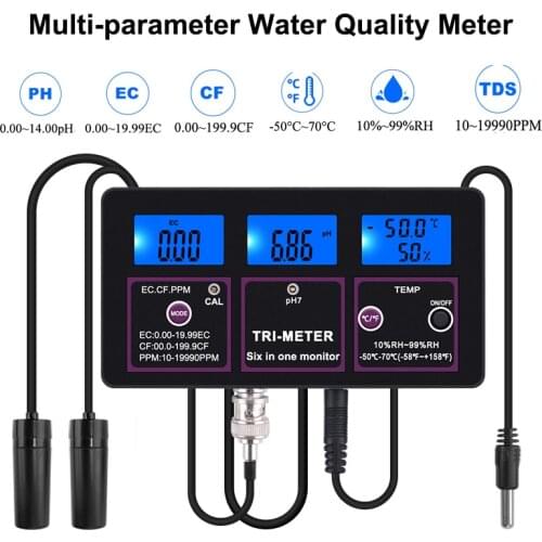 Professional 6 in 1 PH EC CF RH TDS(PPM) TEMP Meter Tester Water Quality Tester BNC Probe Multi-parameter PH EC TDS TEMP Monitor