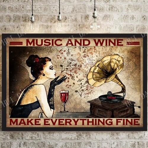 Music Poster - Music and Wine make Everything Fine, Vinyl Music Art Print, Girl Loves Music Prints, Wine Lovers