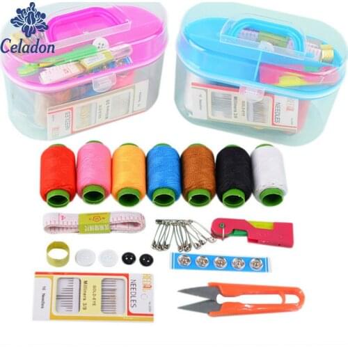 Sewing Kit Crochet Full Set Threader Needle Measure Tape Scissor Sewing Kit Mini Travel Plastic Sewing Kit Tool Storage Box
