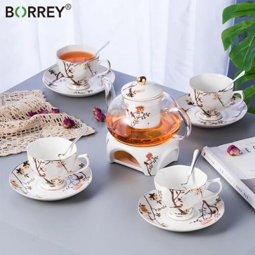 BORREY Magpie Ceramic Teapot Set Candle Strainer Heating Glass Coffee Cup Dish Set Afternoon Teapot Base Tea Pot Tool Kettle Set