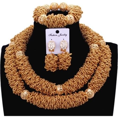 Gold Jewelry Sets Bold Bridal Wedding Necklaces Earrings Set 2 Layers Handmade African Nigerian Beads Jewellery Set Free Ship