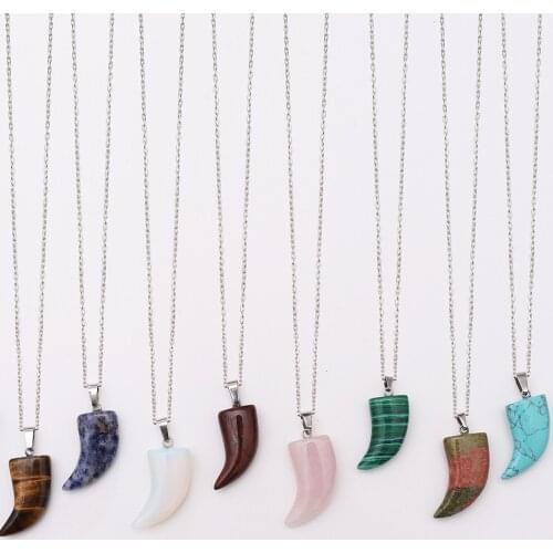 New Fashion 21*52mm Natural Semi-precious Stone Horn Shaped Pendant Wolf Tooth Agate Crystal Necklace 13 Colors for Choice
