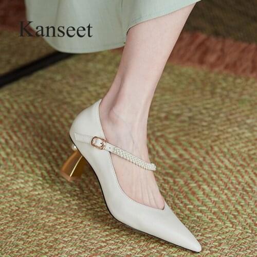 Kanseet 2021 New Women Pumps Spring Autumn Hot Sale Fashion Pearls Decoration Elegant Handmade Pointed Toe High Heels Shoes