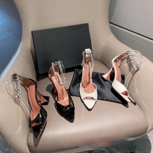 European and American 2021 Summer New Pointed Toe Peep Toe High Heel Womens Shoes Buckle Rhinestone Sandals Large Size