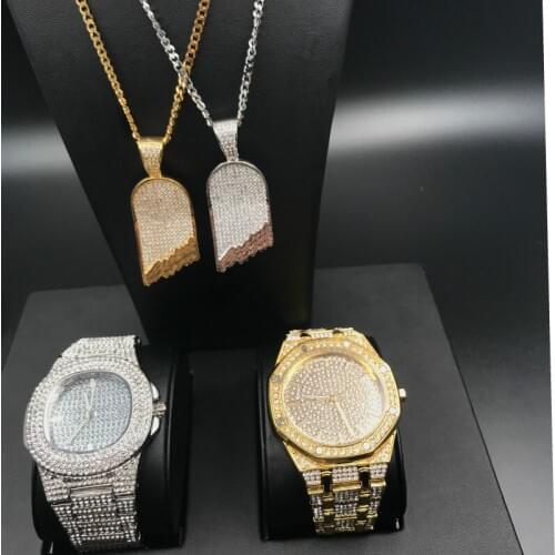 Luxury Men Gold Color Watch Hip Hop Men Stainless Steel Skateboard Pendant Rhinestone Men Watch & Necklace Combo Set For Men