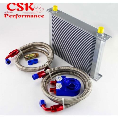 Universal 30 Row 248mm AN8 Engine Transmission Oil Cooler British Type + Aluminum Filter Adapter Kit Black/Blue