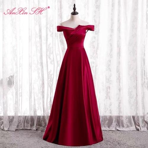 AnXin SH princess wine red satin evening dress french retro vintage party boat neck sleeveless bride a line evening dress