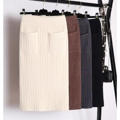 Knitted Calf-length Midi Skirt Womens Elastic High Waist Knit Skirt Autumn Winter Hip Skirt Open-forked Elegant Skirts Y997