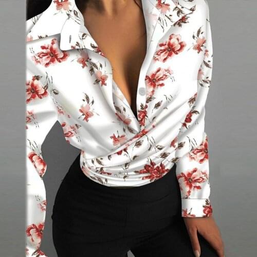 Summer Sexy V Neck Woman Floral Print Blouses Black Fashion Lady Work Wear Tops Long Sleeve Casual Shirt With Botton Design