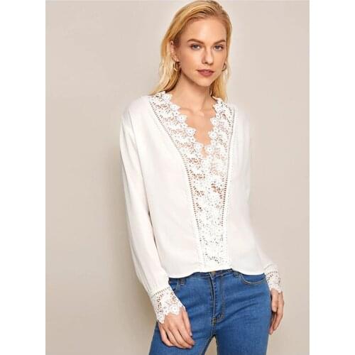 Neatie kiddie Fashion OL Lace Patchwork Blouse Womens Shirt Sexy Long Sleeve V-neck Loose Casual Shirt Top Female Clothes