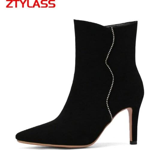 Women Faux Suede Thin High Heel Ankle Boots Fashion Slip On Crystal Short Boots Ladies Pointed Toe Autumn Winter Shoes 2021
