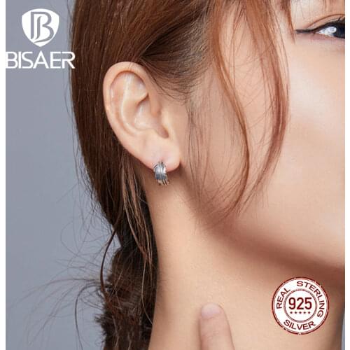 BISAER Retro Feather Earrings 925 Sterling Silver Simple Stud Earrings for Women Fashion Jewelry Gift ECE923