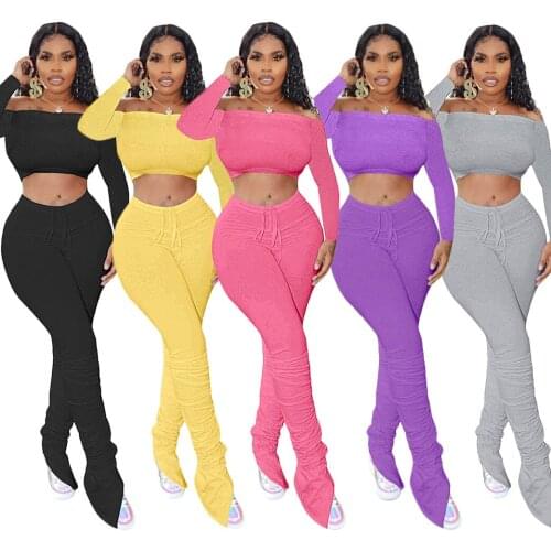 Solid Color Two Piece Set For Women Off Shoulder Long Sleeve Crop Tops And Ruched Pants Suit Autumn Club Fitness Matching Sets