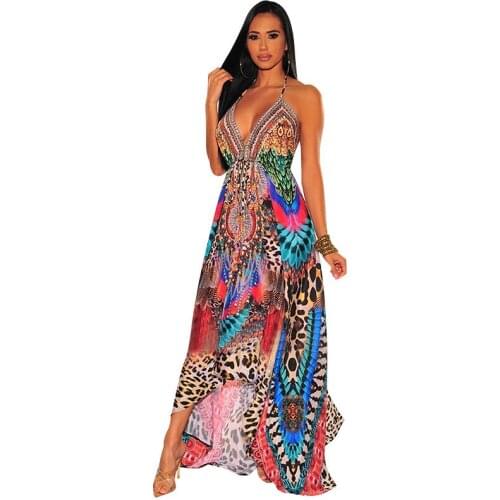 Elegant Women New Fashion Sexy Deep V Neck Print Party Dress Long Dress Sexy Clubwear Vacation Summer Boho Vestido Casual Retro
