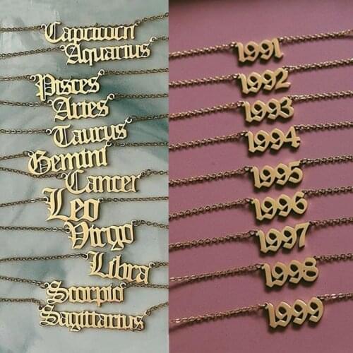 Zodiac Birthday Old English Letters Necklace 12 Constellation 1991-1999 Scorpio Leo Capricorn Aquarius Birthday Gifts Jewelry