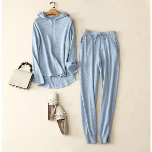 100% cashmere zip hooded cardigan plus women pants 2 piece set