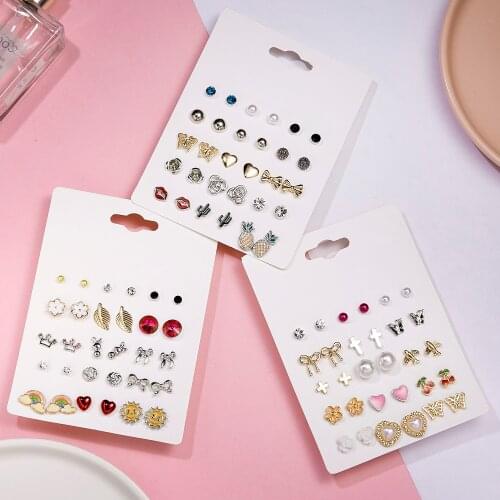 15 pairs/Lot Stud Earring For Women Fashion Simple Cross Heart Bowknot Mini Ball Piercing Earrings Daily Life Jewelry 2021