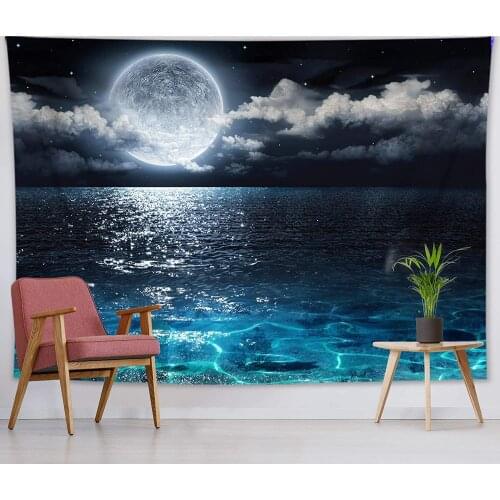 2021 Night Sky Tapestry Full Moon And Foggy Clouds Hippie Tapestry Wall Hanging For Bedroom Livingroom Dorm 90X70 Inch Dark Blue