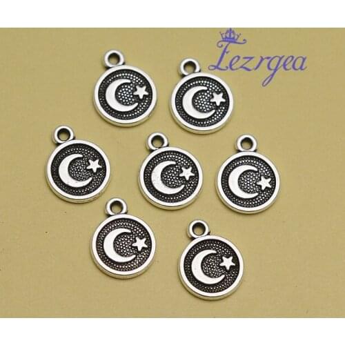 50pcs/lot--9mm, star charm,Antique silver plated Round moon star charms,DIY supplies,Jewelry accessories