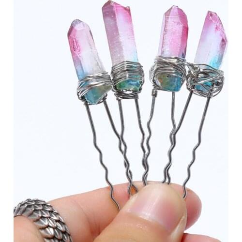 Boho Womens Wedding Hairpins Faux Raw Quartz Crystal Gradient Hair Clip Stick