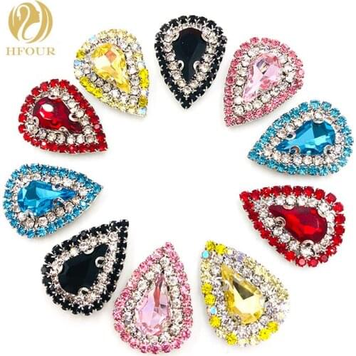 10pcs/pack Silver bottom double row rhinestone chain Crystal buckle Teardrop Sew On rhinestone DIY hair clips /Bags/Garment
