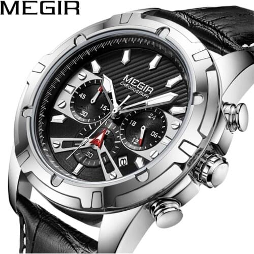 Megir Black Waterproof Mens Sports Watches Top Brand Luxury Army Military Quartz Wristwatch with Chronograph Luminous Function