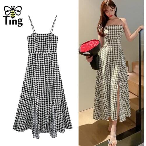 Tingfly Summer Bohemian Plaid Houndstooth Print Sexy Strap Split Midi Long Dress Sundresses Boho Beach Style Vacation Robes Za