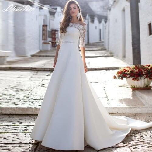 Lhuilier Elegant A-line Boat Neck Satin Wedding Dresses 2020 Half Sleeves Lace Floor Length Court Train Bridal Dress with Belt
