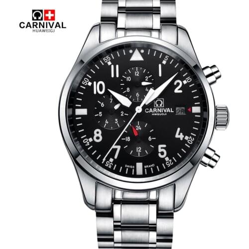 Fashion Pilot Watch CARNIVAL High end Automatic Watch Men 100m Waterproof Swimming 24 hours Calendar HD Luminous Sports Watches