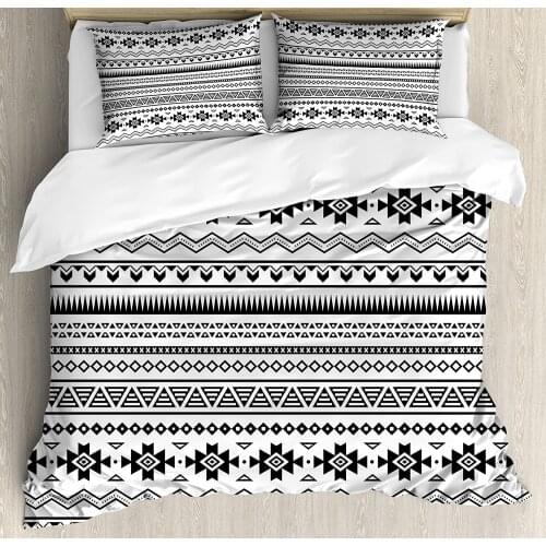 Tribal Duvet Cover Set Aztec Folkloric Art Borders Tribal South America Culture 3 Piece Bedding Set White and Black