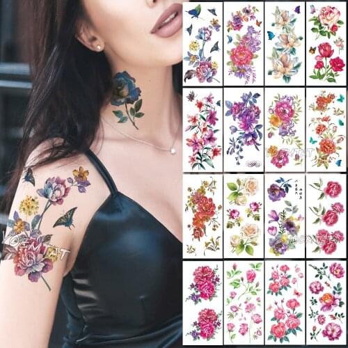 Watercolor Rose Lily Temporary Tattoos for Women Tattoo Sticker 3D Flower Jewels Body Chest Neck Art Waterproof Arm Fake Tatoo