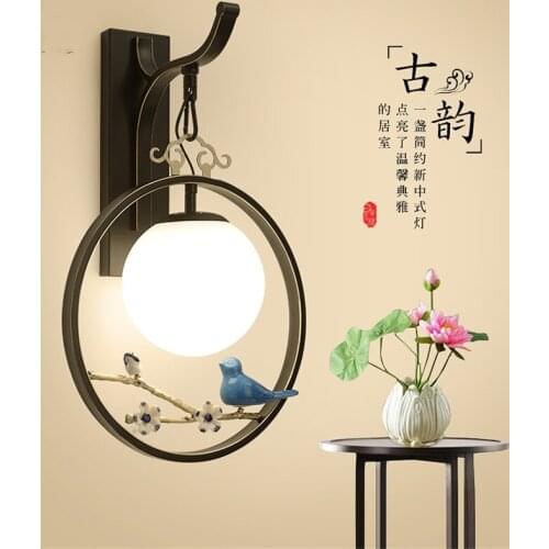 Chinese Birds White Ball Wall Lamps Aisle Corridor LED Living Room Bedroom Bedside Sconce Wall Lights Pendant Retro Deco Fixture