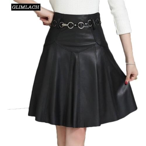 New Genuine Leather A-Line Skirt Women Real Leather Sheepskin Sexy Office Lady High Waist Pleated Skirts With Belt Streetwear
