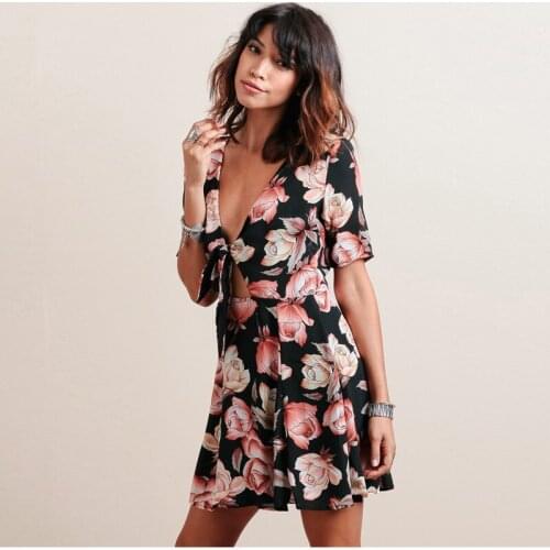 New Womens Fashion Sexy V-neck Cut Out Lace Up Print Dress