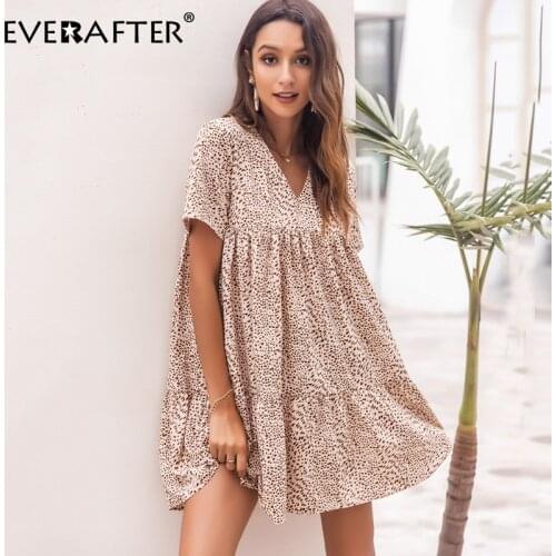 EVERAFTER Polka dot women v neck dress women Elegant short sleeve a line loose ruffle midi dress lady holiday beach female dress