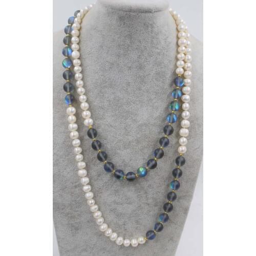 Freshwater pearl white near round 8-9mm black quartzs 10mm 50inch FPPJ wholesale beads nature blue rabinbow