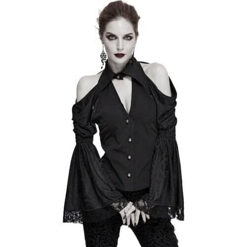 Deep V Neck Shirt Lace Flare Sleeves Gothic Party Women Clothing Women Shirts Tops Skinny Polo Neckline